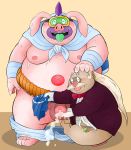  2016 anthro belly blush bottomwear clothing domestic_pig duo eyes_closed handjob humanoid_hands kemono male male/male mammal moobs nipples norataro one_eye_closed overweight overweight_male pants penile pink_body sex simple_background sproink suid suina sus_(pig) video_games wink yo-kai_watch 