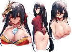  1girl ahoge arms_under_breasts ass azur_lane bangs between_breasts black_hair blush breasts cleavage closed_mouth crossed_bangs cube hair_between_eyes hair_ornament japanese_clothes kagurazaka_miyabi kimono large_breasts leotard long_hair mask mask_on_head nipples off-shoulder_kimono off_shoulder red_eyes red_kimono red_leotard red_ribbon ribbed_leotard ribbon sidelocks smile taihou_(azur_lane) thighs topless very_long_hair 