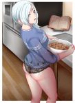  1girl artist_name ass black_panties blue_eyes blue_sweater book bowl breasts cabinet christmas christmas_sweater cookie food highres kitchen long_hair long_sleeves looking_at_viewer looking_back medium_breasts no_pants open_book open_mouth panties rwby silver_hair sleeves_pushed_up solo standing sweater tabletknight thighs underwear white_hair winter_schnee wooden_floor 