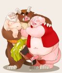  2016 anthro balls belly blush bodily_fluids bovid bovine clothing cum domestic_pig european_mythology genital_fluids genitals greek_mythology group hug human kemono male male/male mammal minotaur moobs mythology navel nipples norataro overweight overweight_male penis pink_body shirt simple_background suid suina sus_(pig) sweat topwear 