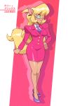  anthro breasts business_suit callie_briggs clothing cute_fangs domestic_cat english_text eyewear felid feline felis female glasses hand_on_hip hanna-barbera japanese_text mammal mikeluckas necktie solo standing suit swat_kats text 