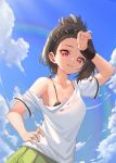  1girl absurdres arm_up azur_lane bangs_pinned_back bare_shoulders black_bra black_hair black_headband blue_sky bra breasts clothes_writing cloud collarbone commentary cooper_(azur_lane) cooper_(blazing_tennis_battle)_(azur_lane) day eir green_skirt hachimaki hand_on_forehead hand_on_hip headband highres looking_at_viewer off-shoulder_shirt off_shoulder parted_lips pink_eyes pleated_skirt rainbow see-through shirt short_hair short_sleeves single_sidelock skirt sky small_breasts smile solo standing sunlight sweat underwear upper_body wet wet_clothes wet_shirt white_shirt wristband 