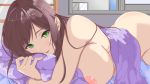  1girl ass bangs bare_shoulders bed breasts brown_hair cleavage green_eyes highres holding holding_pillow large_breasts long_hair looking_at_viewer lying nipples nude on_stomach open_mouth original pillow pink_nails sideboob swept_bangs window zhu_guan_ye 
