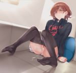  1girl after_vaginal black_sweater bottomless couch cum cum_in_pussy cum_on_body cum_on_lower_body cumdrip glaring highres higuchi_madoka hood hoodie idolmaster idolmaster_shiny_colors long_sleeves misakichintin mole mole_under_eye nail_polish on_couch pantyhose pantyhose_pull purple_nails pussy_juice sitting skirt solo sweater tagme white_skirt 
