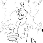  1:1 2020 anthro balloon birthday_cake black_and_white cake candle clothed clothing confetti food hat head_tuft headgear headwear herpestid inner_ear_fluff mammal mongoose monochrome neck_tuft party_hat replytoanons shirt simple_background smile solo t-shirt terry_(a-signature) topwear tuft white_background 