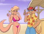  absurd_res anthro backwards_baseball_cap baseball_cap beach beverage big_breasts bikini bottomwear breasts callie_briggs clothing domestic_cat duo eyewear felid feline felis female flower glasses hanna-barbera hat headgear headwear hi_res jake_clawson male mammal plant seaside shirt shorts stogiegoatarts straw sunglasses swat_kats swimwear topwear 