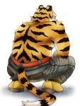  2012 anthro belly bottomwear butt clothing felid kemono male mammal nikiciy pantherine pants simple_background slightly_chubby solo tiger white_background 