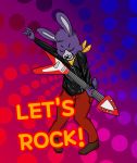  bonnie_(fnaf) bottomwear clothing coat collar devil_horns_(gesture) five_nights_at_freddy&#039;s gesture guitar hi_res lagomorph leporid male mammal music musical_instrument pants pattern_background plucked_string_instrument rabbit red_bottomwear red_clothing red_pants rock simple_background solo string_instrument topwear vertix video_games yellow_collar 