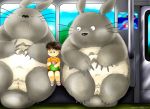  2008 anthro belly black_nose bodily_fluids bottomwear clothing drooling eyes_closed ghibli human kemono mammal my_neighbor_totoro norataro overweight saliva shirt shorts sitting topwear totoro young 