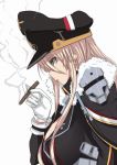  1girl azur_lane bismarck_(azur_lane) black_coat black_headwear blonde_hair blue_eyes breasts cape cigar coat eyebrows_visible_through_hair eyelashes fur-trimmed_cape fur_trim gloves hair_between_eyes hat kirigamine774 large_breasts long_hair long_sleeves military military_hat military_uniform parted_lips peaked_cap profile sidelocks simple_background smoke smoking solo straight_hair uniform white_background white_gloves 