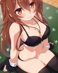 1girl black_legwear blush breasts brown_hair dd_(ijigendd) fingerless_gloves full_body gloves hair_flaps highres kantai_collection large_breasts long_hair looking_at_viewer navel no_shoes orange_eyes remodel_(kantai_collection) shiratsuyu_(kantai_collection) sitting smile solo thighhighs underwear wariza whistle whistle_around_neck 