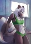  2020 abs anthro athletic bra breasts butt clothed clothing detailed_background digital_media_(artwork) eyebrows female fingers hair hi_res inside kitchen long_hair mammal mephitid mewverns muscular muscular_female mustelid navel pose realistic skunk solo sports_bra underwear white_hair 