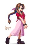  1girl :d aerith_gainsborough black_footwear bow braid character_name copyright_name dress final_fantasy final_fantasy_vii green_eyes hands_together jacket jewelry long_hair necklace open_mouth pink_bow pink_dress pixel_art pixelflag short_sleeves smile standing white_background wristband 