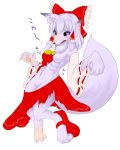  2016 4:5 6_breasts alternate_species anthro barefoot blush breasts canid canine clothing female fox mammal multi_breast naturally_censored open_mouth pawpads red_eyes reimu_hakurei ribbons simple_background solo tagumi torn_clothing touhou transformation video_games white_background 