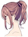  1girl bangs blue_eyes blush bow brown_hair commentary_request hair_bow hair_intakes high_ponytail highres looking_away nijisanji ponytail portrait profile sidelocks signature simple_background sofra solo striped striped_bow suzuhara_lulu virtual_youtuber white_background 