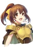  1girl ane-suisei breastplate brown_eyes brown_hair delthea_(fire_emblem) fang fire_emblem fire_emblem_echoes:_shadows_of_valentia highres long_hair open_mouth ponytail simple_background solo twitter_username upper_body white_background 