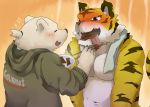  2011 anthro belly blue_eyes blush clothing duo eyes_closed felid food fur hoodie kemono male mammal moobs navel nikiciy pantherine polar_bear slightly_chubby tiger tongue tongue_out topwear ursid ursine white_body white_fur 