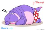  2007 3:2 anthro belly clothing eyes_closed hippopotamid humanoid_hands kemono male mammal norataro overweight overweight_male purple_body simple_background sleeping solo text underwear white_background 