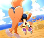  absurd_res animal_crossing anthro ass_up audie_(animal_crossing) beach butt canid canine clothing crossed_legs dialogue eyewear eyewear_on_head female flip_flops footwear fox fur hi_res inner_ear_fluff looking_at_viewer mammal n0nnny nintendo open_mouth raised_tail sand_castle sandals sculpture seaside solo sunglasses sunglasses_on_head swimwear tan_body tan_fur tuft video_games 