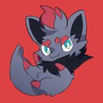  1:1 2020 ambiguous_gender black_body black_fur blue_eyes canid chest_tuft feral fur fur_tuft grey_body grey_fur hair looking_at_viewer mammal multicolored_body multicolored_fur multicolored_hair nintendo pok&eacute;mon pok&eacute;mon_(species) red_background red_body red_fur simple_background smile solo tail_tuft tuft video_games zoroa553 zorua 