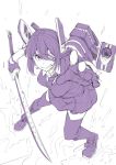  1girl eyepatch fingerless_gloves gloves hair_between_eyes headgear ifuji_shinsen kantai_collection katana looking_at_viewer monochrome necktie purple_hair rigging short_hair sketch solo sword tenryuu_(kantai_collection) thighhighs turret weapon 