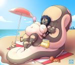  anthro arthropod beach belly breasts chips_(food) cloud cooler crab crustacean day decapoda dessert female food hi_res hmsm ice_cream malacostracan marine obese obese_female overweight overweight_female reptile scalie seaside shell sky snake solo sunscreen umbrella 