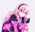  1girl alternate_color armor black_gloves black_hairband closed_mouth corrin_(fire_emblem) corrin_(fire_emblem)_(female) fire_emblem fire_emblem_fates flower gloves grey_background hairband hiyori_(rindou66) holding holding_flower long_hair pink_hair pointy_ears red_eyes simple_background smile solo 