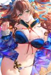  1girl absurdres bangs bare_shoulders beatrix_(granblue_fantasy) bikini blue_bikini blush breasts brown_hair cleavage collarbone dated fur_trim granblue_fantasy green_eyes hair_ornament hair_ribbon highres large_breasts long_hair looking_at_viewer navel off_shoulder open_mouth ribbon solo swimsuit umibouzu_(niito) 