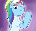  asajiopie01 blue_body clothed clothing equid equine eyeshadow female friendship_is_magic hair hi_res looking_at_viewer makeup mammal multicolored_hair my_little_pony pterippus rainbow_dash_(mlp) solo wings 