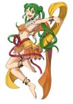  1girl absurdres anklet barefoot dancer double_bun ebinku fire_emblem fire_emblem:_genealogy_of_the_holy_war from_side full_body green_eyes green_hair highres jewelry looking_to_the_side one_eye_closed open_mouth silvia_(fire_emblem) simple_background solo twintails white_background 