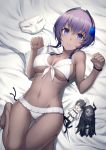  1girl bangs banned_artist bed_sheet bikini black_hairband blush breasts dark_skin fate/grand_order fate/prototype fate/prototype:_fragments_of_blue_and_silver fate_(series) flower fujimaru_ritsuka_(male) hair_between_eyes hair_flower hair_ornament hairband hassan_of_serenity_(fate) king_hassan_(fate/grand_order) kyoeiki looking_at_viewer lying navel on_back parted_bangs purple_eyes purple_hair short_hair skull_mask smile solo swimsuit thighs toy white_bikini 