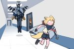  1boy 2girls amiya_(arknights) animal_ears arknights artist_request blonde_hair boots brown_hair bunny_ears cape chasing energy_wings executor_(arknights) fleeing floating hallway halo multiple_girls prosthesis prosthetic_arm vermeil_(arknights) 