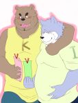  2011 anthro belly brown_body brown_fur canid canine canis clothing domestic_dog duo fur hi_res hug humanoid_hands kemono kuma_(pixiv_881259) male male/male mammal overweight overweight_male shirt simple_background topwear 