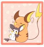  ambiguous_gender black_body blush brown_markings emolga hi_res luna_(artist) markings nintendo open_mouth orange_body pink_background pok&eacute;mon pok&eacute;mon_(species) raichu signature simple_background sitting smile video_games white_body yellow_cheeks 