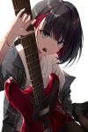  1girl arm_up bang_dream! black_hair blush bracelet eyebrows_visible_through_hair green_eyes guitar highres holding holding_instrument instrument jewelry looking_at_viewer mitake_ran multicolored_hair parted_lips plectrum plectrum_in_mouth red_hair shirt short_hair smile solo soya_(torga) white_shirt 