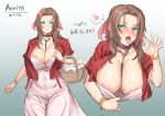  1girl aerith_gainsborough aqua_eyes areola_slip areolae bangs blush bow bracelet breasts brown_hair choker cleavage commentary_request cropped_jacket dress dress_pull fellatio_gesture final_fantasy final_fantasy_vii final_fantasy_vii_remake flower flower_basket gradient gradient_background hair_bow heart jacket jewelry large_breasts long_dress obui open_clothes open_jacket open_mouth parted_bangs pink_bow pink_dress red_jacket saliva sweat 