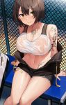  1girl absurdres areolae azur_lane baltimore_(azur_lane) baltimore_(black_ace)_(azur_lane) bare_shoulders black_jacket black_shorts blush braid breasts brown_eyes brown_hair chain-link_fence cleavage fence flower_tattoo hair_between_eyes highres jacket large_areolae large_breasts looking_at_viewer navel nipples off-shoulder_jacket sakamotono see-through short_hair short_shorts shorts sitting skirt smile solo sports_bra sweatdrop wet_bra white_sports_bra 
