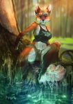  2020 4_toes anthro breasts canid canine clothed clothing day detailed_background digital_media_(artwork) ear_piercing ear_ring female forest fossa666 fox fur grass hi_res mammal outside partially_submerged piercing pinkk_pawpads solo toes tree white_body white_fur 