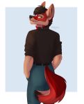  2020 alpha_channel anthro black_hair black_nose canid canine canis clothed clothing coyote ei-ka fur hair hi_res male mammal orange_eyes red_body red_fur smile solo 