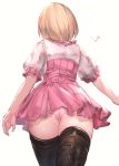  1girl ass blonde_hair boots brown_footwear commentary_request detached_sleeves djeeta_(granblue_fantasy) dress dutch_angle frills from_behind granblue_fantasy highres milli_little musical_note panties pink_dress pink_panties puffy_short_sleeves puffy_sleeves shiny shiny_clothes shiny_skin short_dress short_hair short_sleeves simple_background solo thigh_boots thighhighs thighs underwear white_background 