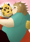  2010 anthro belly blush clothing duo felid hi_res hug humanoid_hands kemono kuma_(pixiv_881259) lion male male/male mammal overweight overweight_male pantherine shirt tiger topwear 