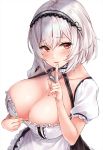  1girl anchor_choker azur_lane bangs blush breasts choker cleavage collarbone dress dress_tug eyebrows_visible_through_hair finger_to_mouth hair_between_eyes hairband highres lace-trimmed_hairband large_breasts looking_at_viewer marisasu_(marisa0904) open_mouth red_eyes red_nails short_hair short_sleeves shushing sidelocks simple_background sirius_(azur_lane) solo upper_body white_background white_dress white_hair 