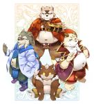  2015 anthro belly bottomwear canid canine canis clothing eyewear felid feline glasses group hi_res humanoid_hands kemono male mammal navel nikiciy overweight overweight_male pants raccoon_dog shirt sitting tanuki tongue tongue_out topwear wolf 
