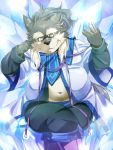  2017 3:4 anthro belly black_nose bottomwear canid canine canis clothing eyewear glasses hi_res humanoid_hands kemono magic male mammal navel nikiciy overweight overweight_male pants shirt solo topwear wolf 
