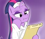  asajiopie01 bathrobe clothing equid female feral friendship_is_magic hair horn mammal multicolored_hair my_little_pony paper purple_body robe signature solo text twilight_sparkle_(mlp) winged_unicorn wings 