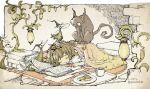  1girl blanket book brown_hair cat cookie cup food lamp long_hair no_nose open_book open_mouth original parallela66 plate rug sleeping solo tray twitter_username watering_can 
