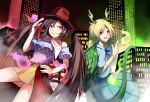  2girls ashiroku_(miracle_hinacle) bare_legs black_hair black_wings blood blue_shirt building city city_lights cityscape commentary_request cowboy_hat dragon_tail feathered_wings gradient gradient_background hair_between_eyes hand_on_hip hat highres horns kicchou_yachie kurokoma_saki looking_at_another multiple_girls neckerchief otter_spirit_(touhou) puffy_short_sleeves puffy_sleeves red_hair shirt short_hair short_sleeves skirt skyscraper tail touhou white_neckwear wings wolf_spirit_(touhou) 