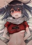  1girl 51_(akiduki) absurdres alternate_costume bed_sheet black_hair blush brown_eyes clothes_writing eyebrows_visible_through_hair hair_between_eyes highres kantai_collection navel open_mouth red_shirt remodel_(kantai_collection) scarf sendai_(kantai_collection) shirt shitty_t-shirt_naval_base short_hair short_sleeves solo translation_request two_side_up white_scarf 