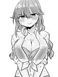  1girl bangs blush braid breasts cleavage closed_mouth collarbone collared_shirt commentary_request english_commentary eyebrows_visible_through_hair front-tie_top greyscale hair_between_eyes hair_flaps hair_tie highres kantai_collection long_hair midriff monochrome navel noshiro_(kantai_collection) open_clothes open_shirt poyo_(hellmayuge) see-through shirt simple_background solo sweat sweating_profusely swimsuit twin_braids upper_body wet wet_clothes white_background 