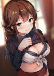  1girl bangs bikini bikini_under_clothes black_bikini black_sweater blurry blurry_background blush braid breasts brown_hair cleavage clothes_pull green_eyes hair_ribbon highres indoors kantai_collection large_breasts long_hair long_sleeves navel noshiro_(kantai_collection) red_skirt ribbed_sweater ribbon senbei_(senbe_i) shirt shirt_under_sweater shorts sidelocks skirt smile solo sweater sweater_pull swimsuit tied_shirt twin_braids white_shirt 